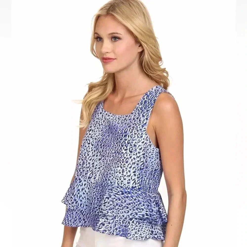 REBECCA TAYLOR Silk Leo Fever Blue Crush Leopard Peplum Ruffle Blouse Size 6 S